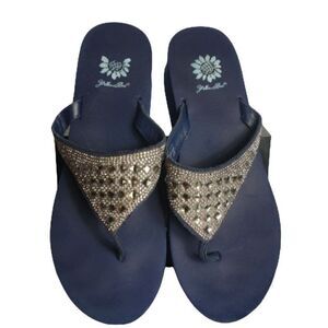 Yellow Box Women's Silver Embellished Blue Leather Slides Sandals size 10
